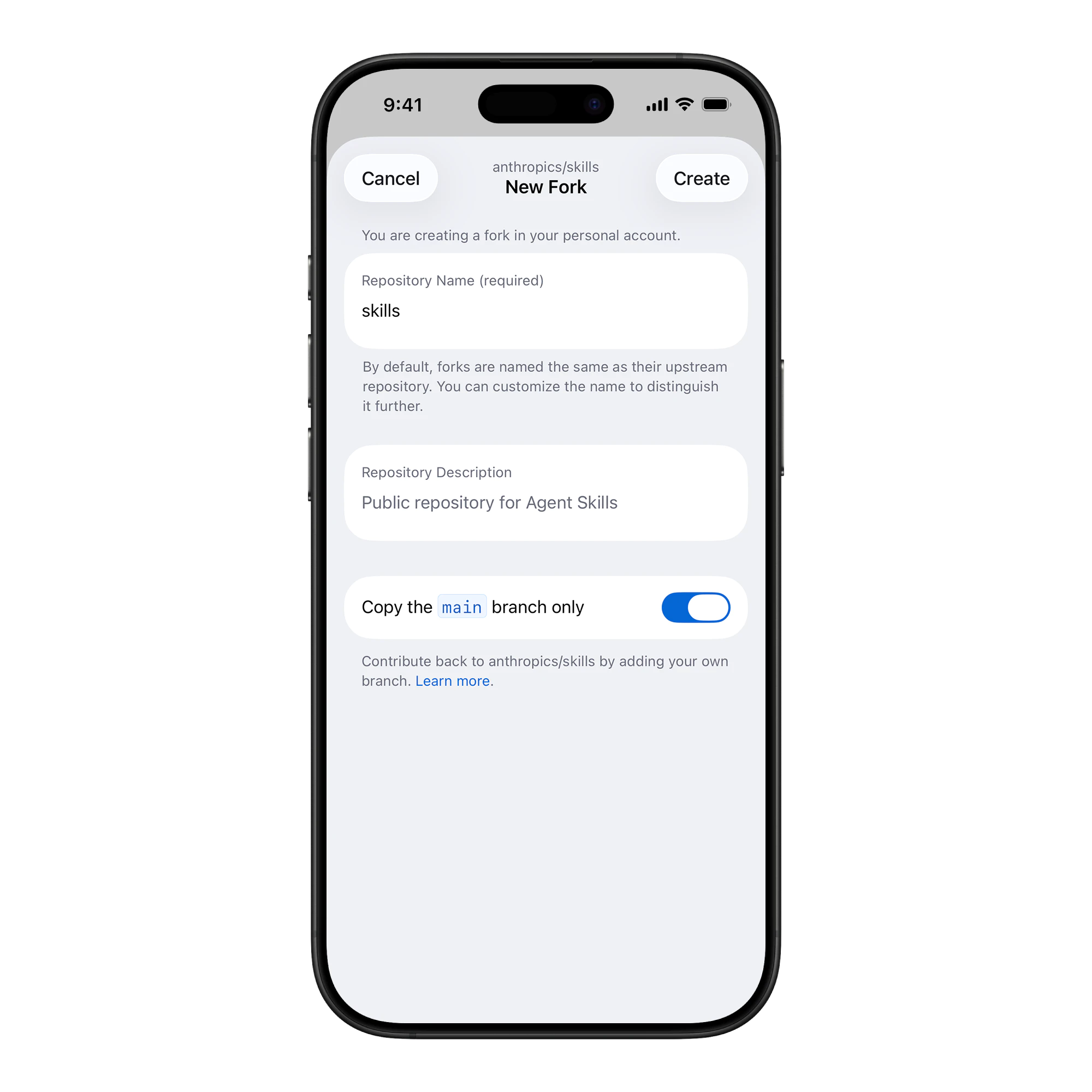 GitHub Mobile repository forking flow