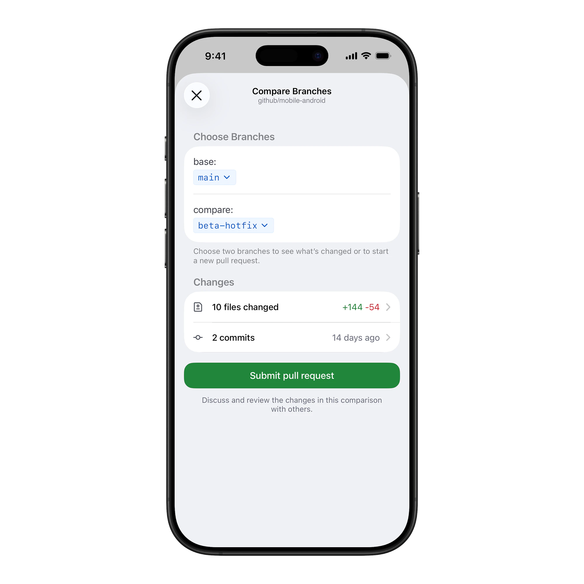 GitHub Mobile pull request compare screen