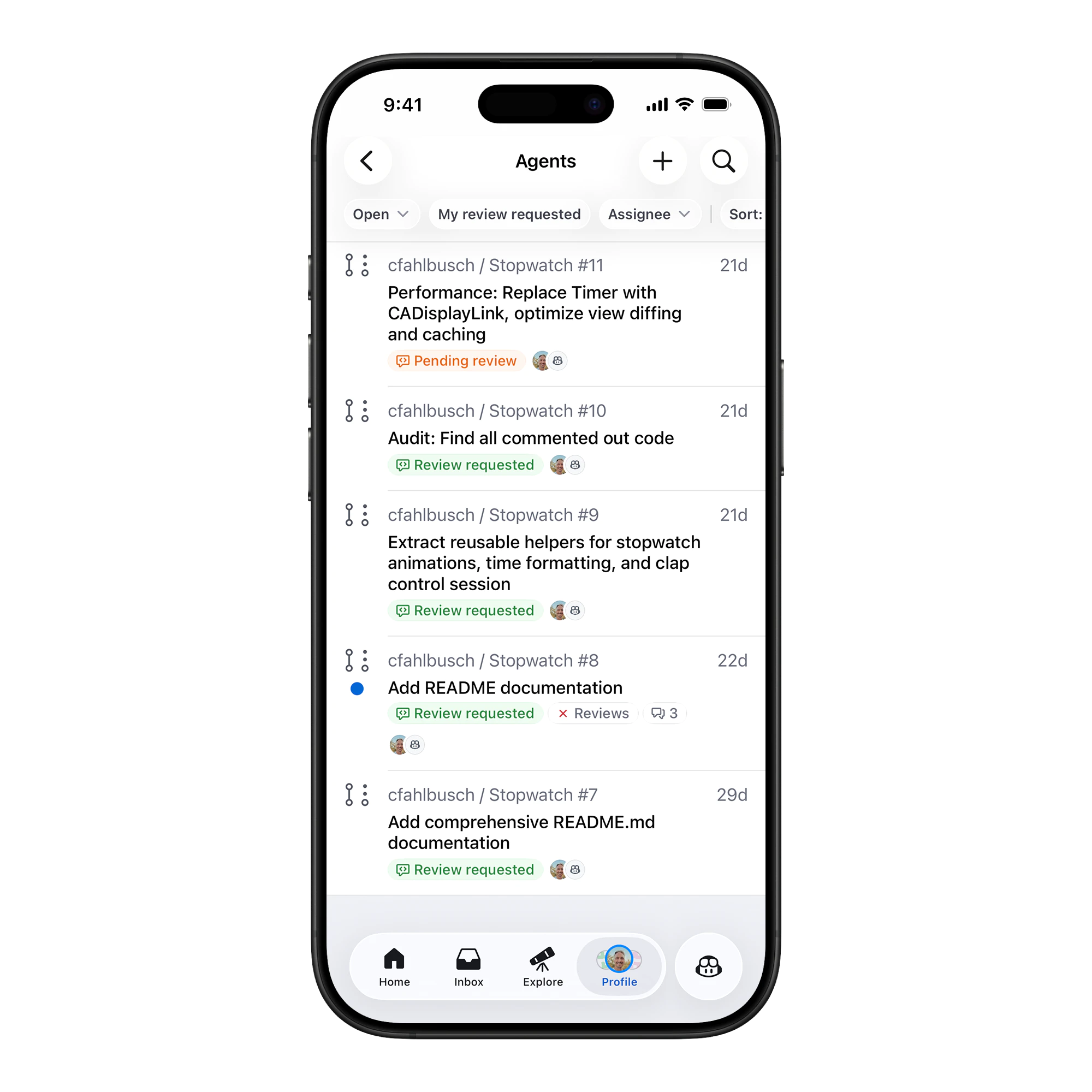 GitHub Mobile pull request list