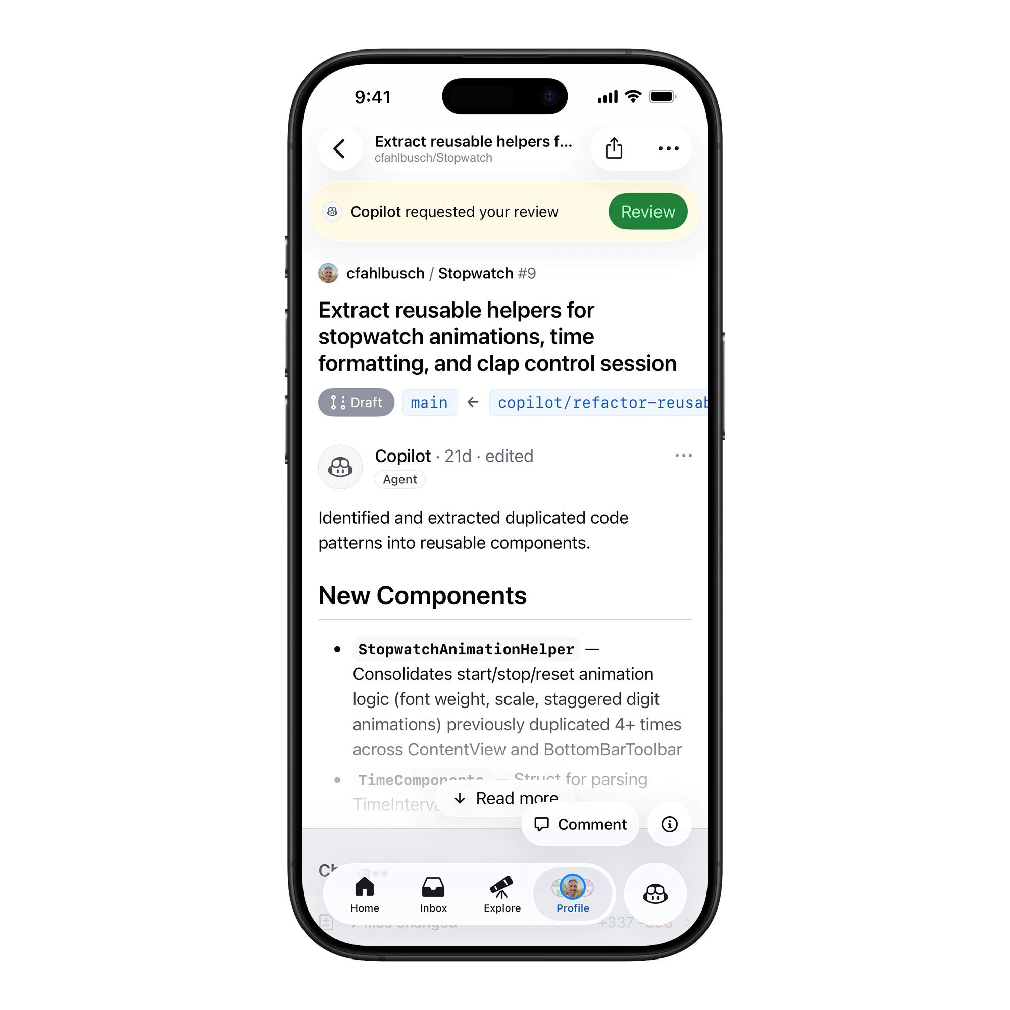 GitHub Mobile pull request screen with review banner and merge box